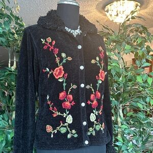 Rene Derhy Vintage Black Floral Embroidered Knit Cardigan Jacket Size Small